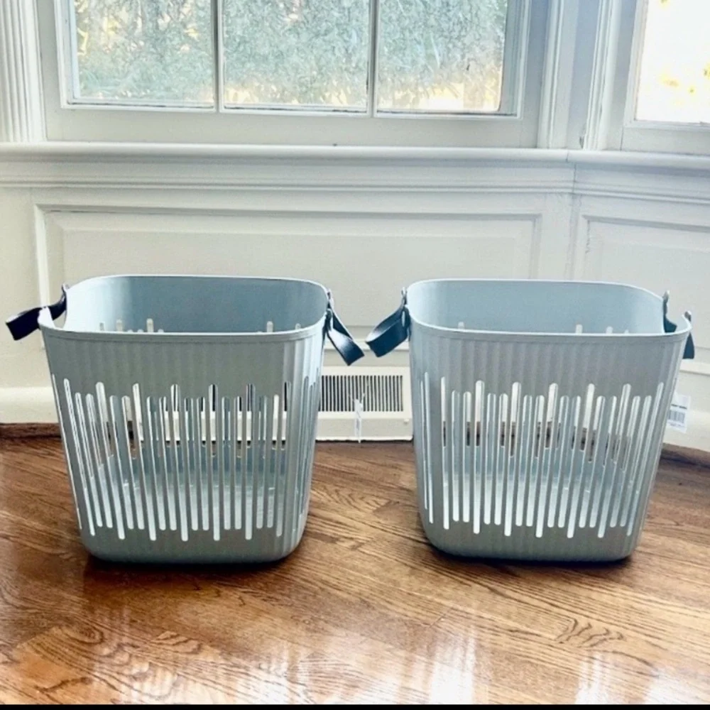 Scandinavian Light Gray Storage Basket Leather Handles Rounded Square